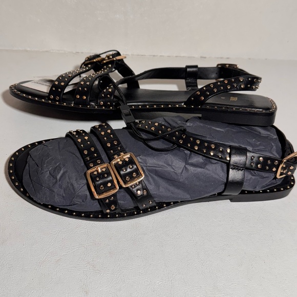 Zara Black Studded Sandals with Gold Buckles casual comfy summer vacation - Picture 1 of 8